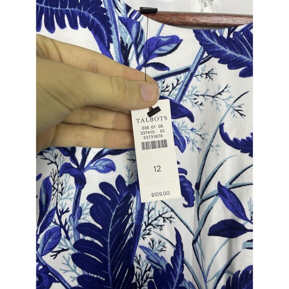 NWT Talbots Sateen Flounce Hem A Line Dress Blue Fern Tropical Print Size 12 - Picture 3 of 11